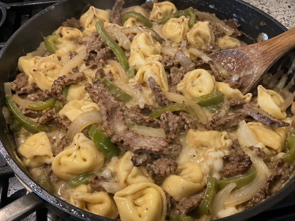 Cheesesteak Tortellini in Creamy Provolone Sauce