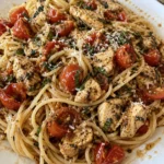 Delicious Chicken Bruschetta Pasta topped with fresh tomatoes and herbs