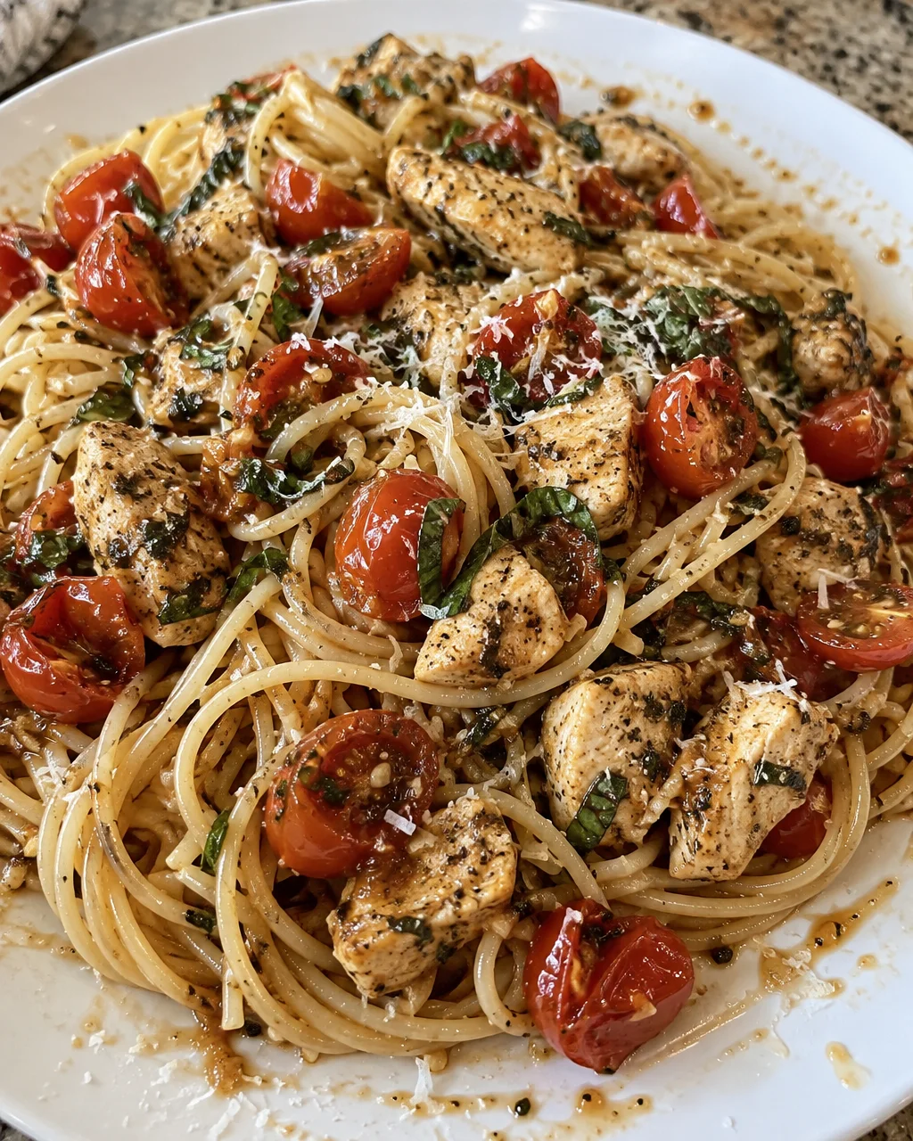 Delicious Chicken Bruschetta Pasta topped with fresh tomatoes and herbs