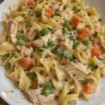 Delicious Chicken Pot Pie Pasta topped with creamy sauce and vegetables