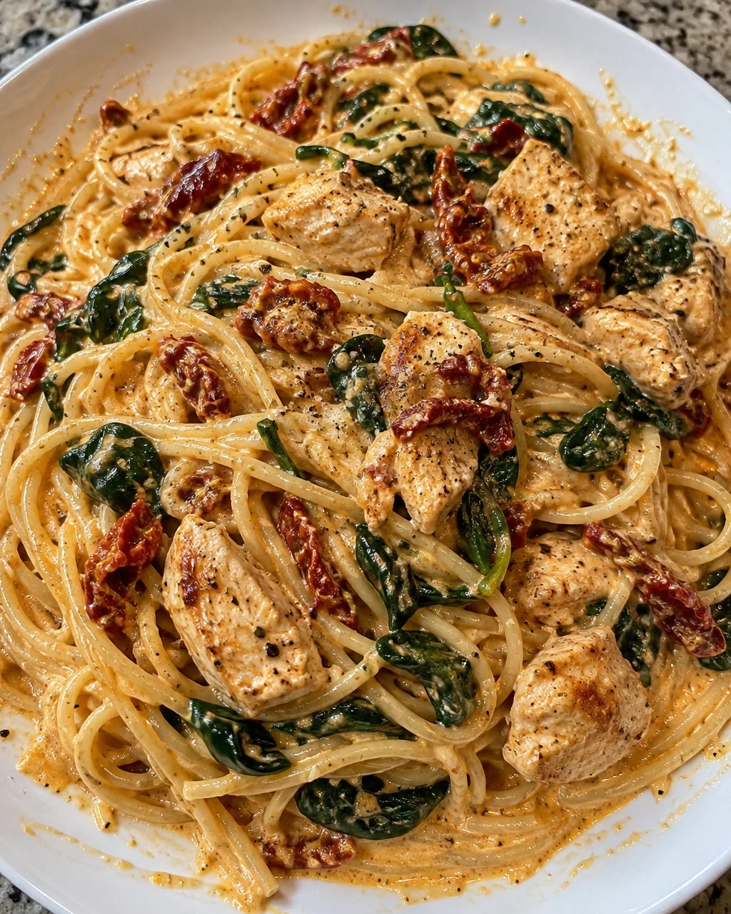 Chicken Spinach Spaghetti with sun-dried tomato cream sauce