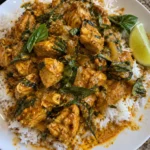 Coconut Basil Spiced Chicken served over fluffy rice with fresh basil garnish.