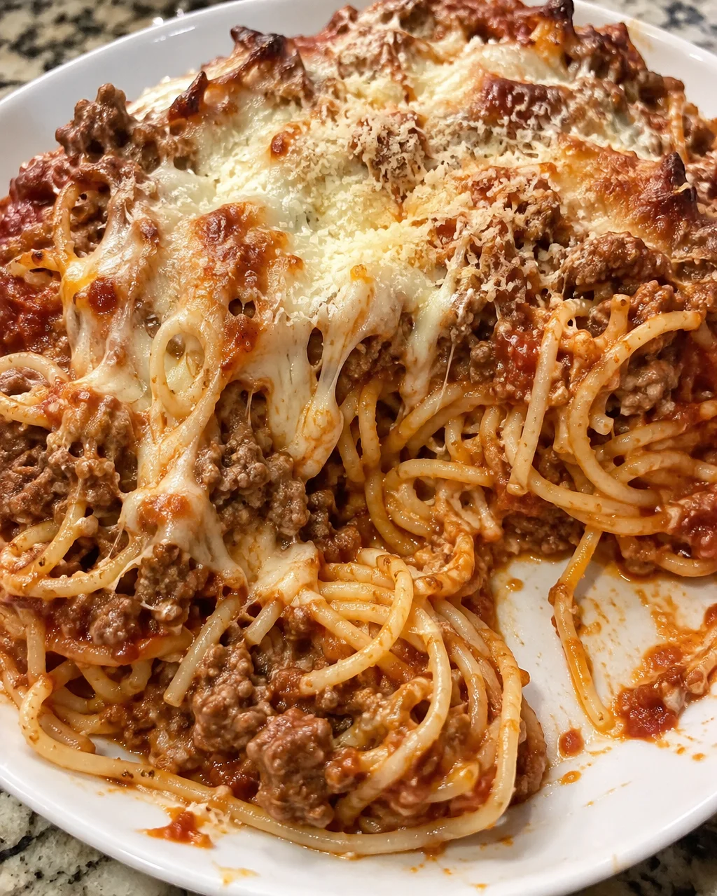 Delicious Cream Cheese Baked Spaghetti topped with cheese and herbs.