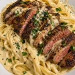 Creamy Alfredo pasta with spicy Cajun steak dish served in a bowl