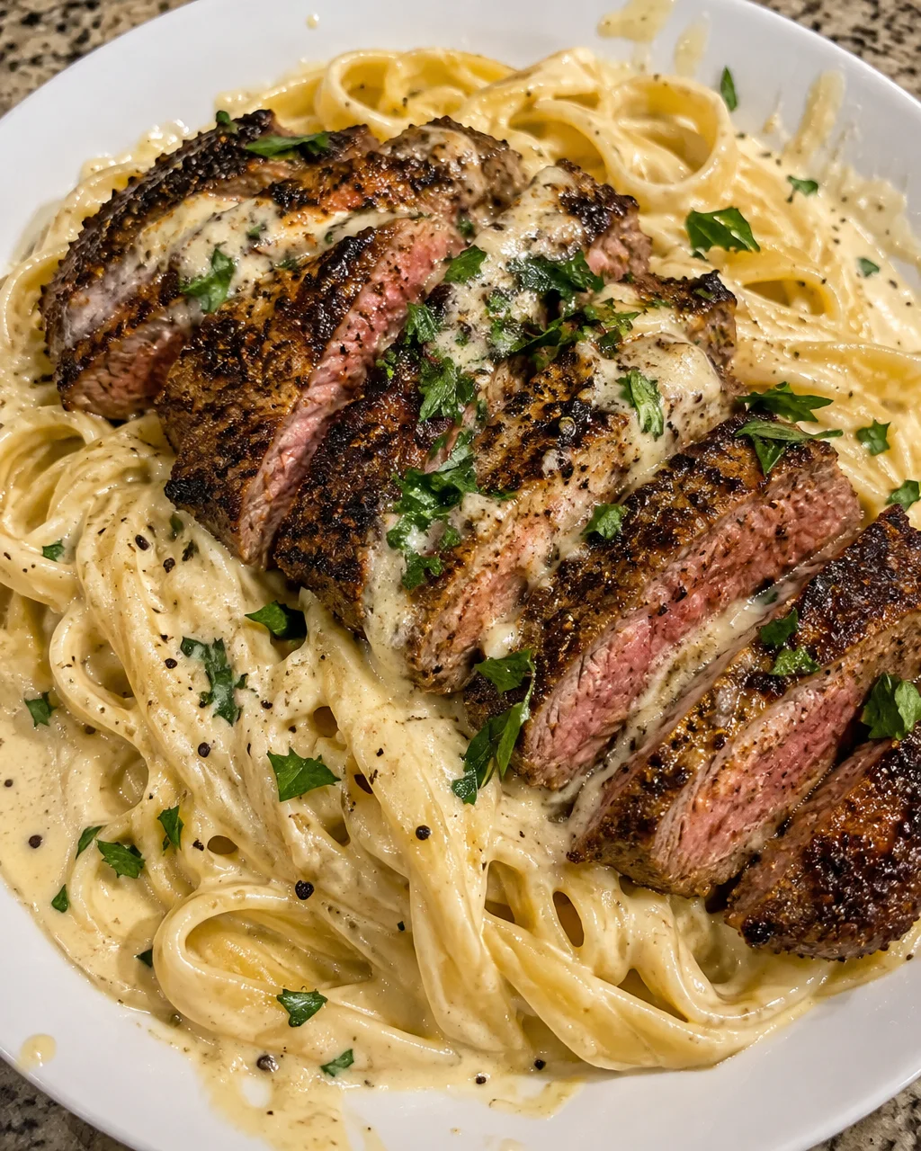 Creamy Alfredo pasta with spicy Cajun steak dish served in a bowl
