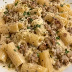 Creamy Alfredo Rigatoni with Roasted Garlic Sausage dish