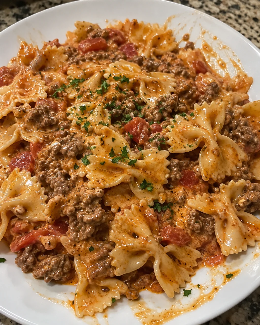 Delicious creamy bowtie pasta with ground beef served in a bowl.