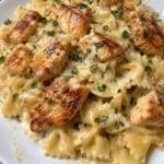 Delicious Creamy Bowtie Pasta with Lemon Garlic Chicken on a plate