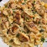 Creamy bowtie pasta dish with lemon garlic chicken bites served on a plate.