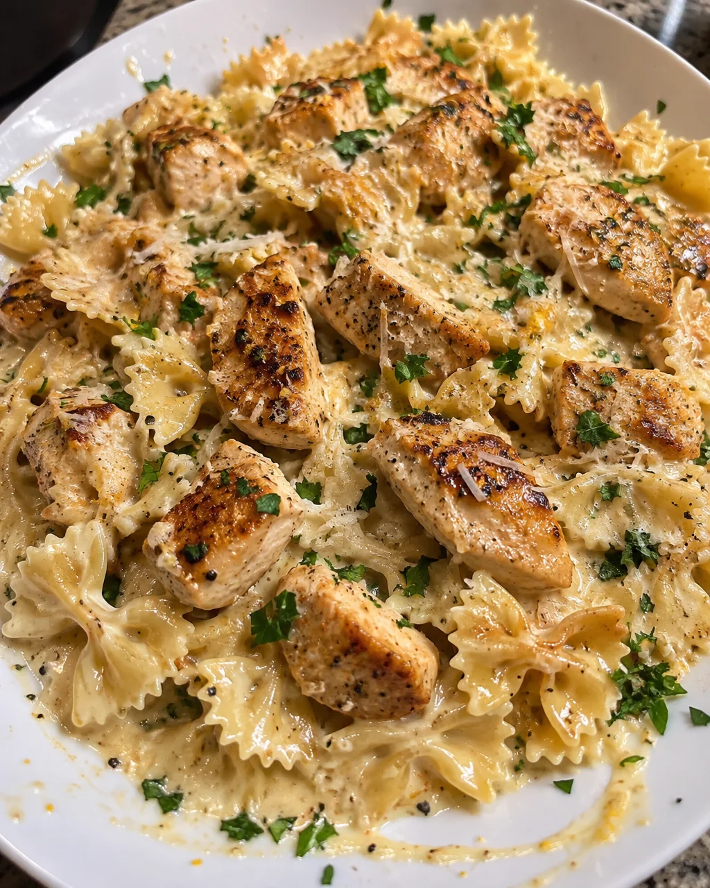 Creamy Bowtie Pasta with Lemon Garlic Chicken Bites