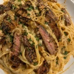 Creamy Cajun Steak Alfredo served on a plate with garnish