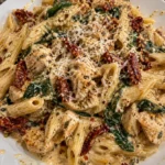 Creamy chicken pasta dish topped with sun-dried tomatoes and herbs
