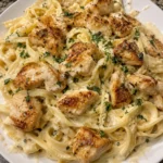 Creamy fettuccine Alfredo with garlic chicken bites served on a plate