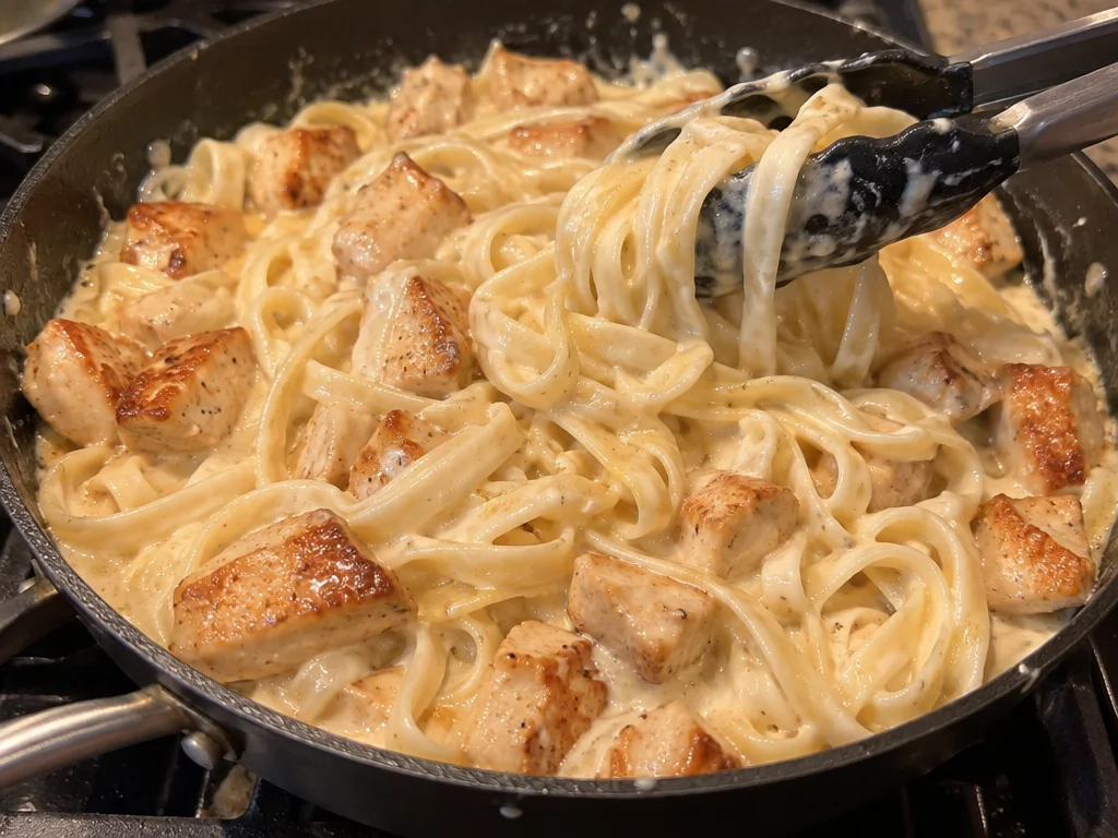 Creamy Fettuccine Alfredo with Garlic Chicken Bites