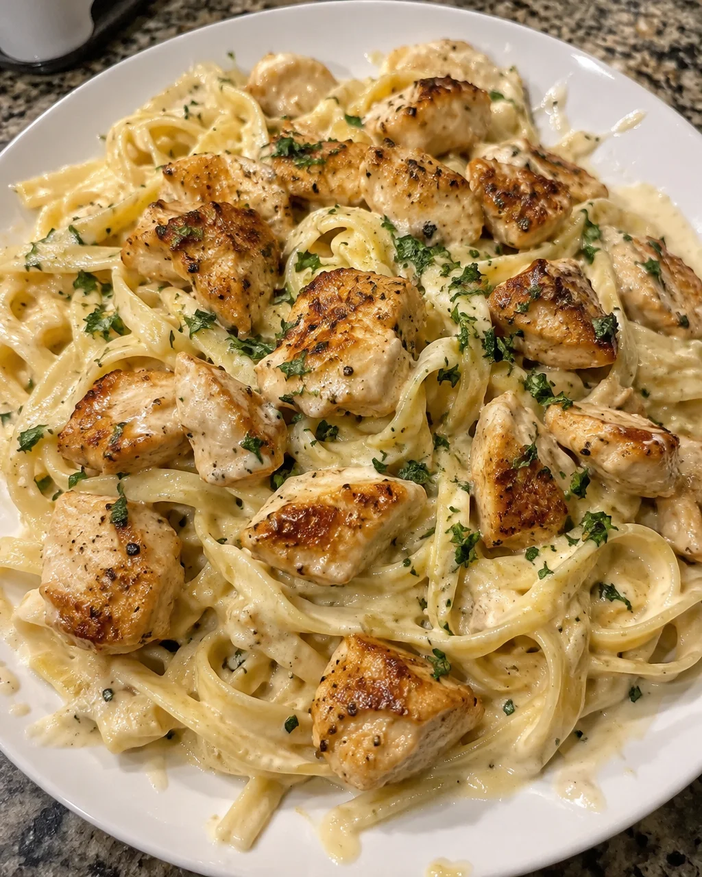Creamy Fettuccine Alfredo with Garlic Chicken Bites