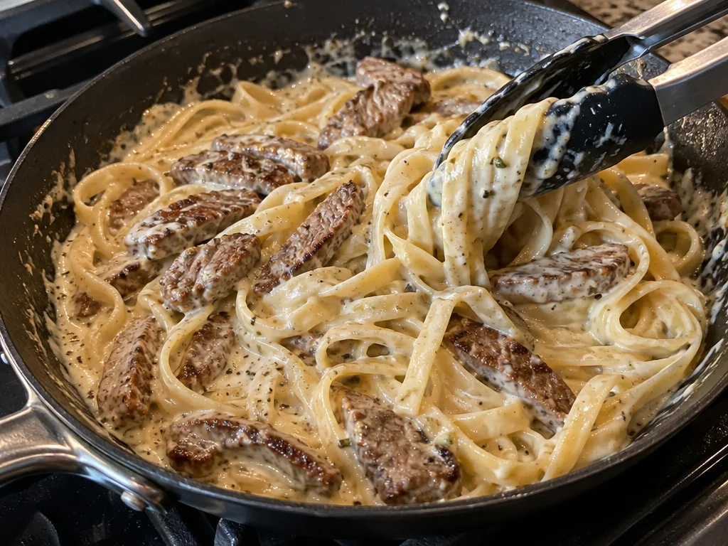 Creamy Garlic Parmesan Pasta with Steak
