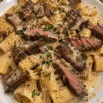 Creamy Garlic Parmesan Steak with Rigatoni Pasta, garnished and plated appetizingly.