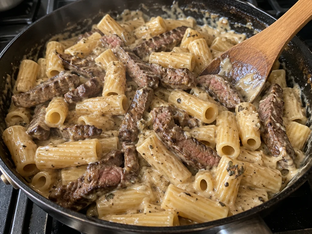 Creamy Garlic Parmesan Steak with Rigatoni Pasta