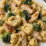 Creamy Garlic Parmesan Tortellini dish with chicken and broccoli