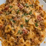 Creamy Ground Beef Bowtie Pasta served in a bowl