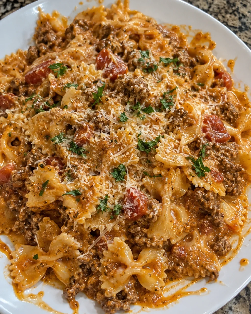 Creamy Ground Beef Bowtie Pasta served in a bowl