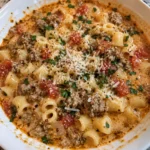 Creamy Italian sausage soup topped with parmesan cheese for a delicious meal