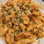 Creamy Parmesan Chicken Pasta garnished with herbs in a bowl