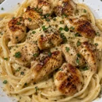 Creamy Parmesan pasta with garlic butter chicken served on a plate.
