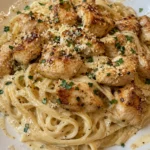 Creamy Parmesan pasta garnished with garlic butter chicken bites in a bowl.
