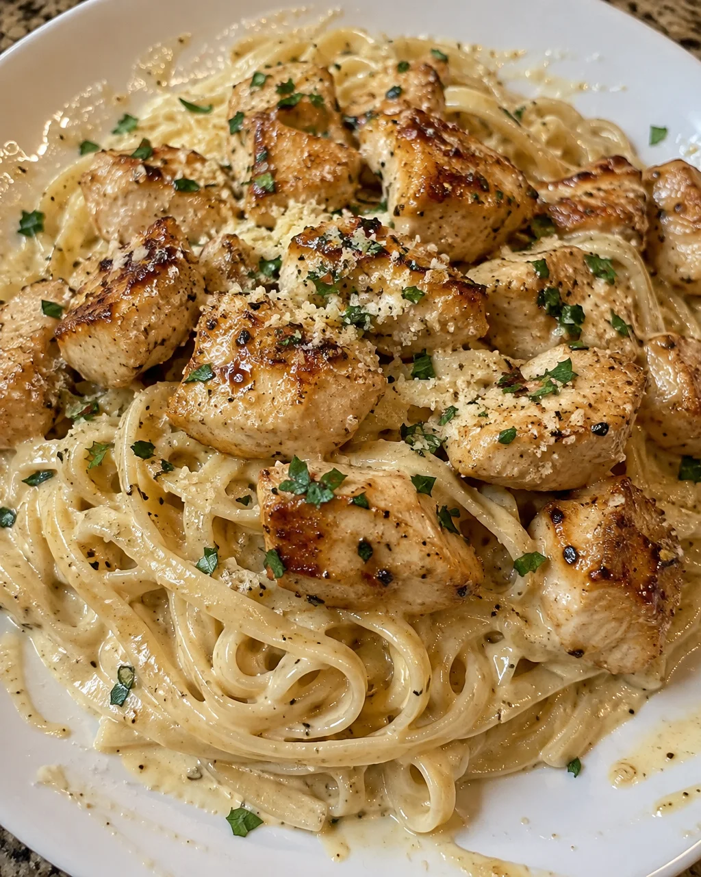 Creamy Parmesan pasta garnished with garlic butter chicken bites in a bowl.