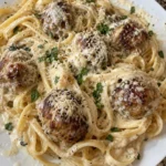 Creamy Parmesan pasta with garlic butter meatballs in a bowl
