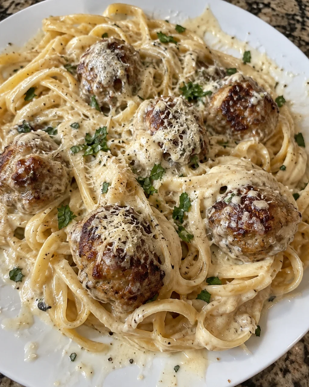 Creamy Parmesan Pasta with Garlic Butter Meatballs