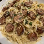 Creamy Parmesan pasta with garlic butter sausage bites served in a bowl.