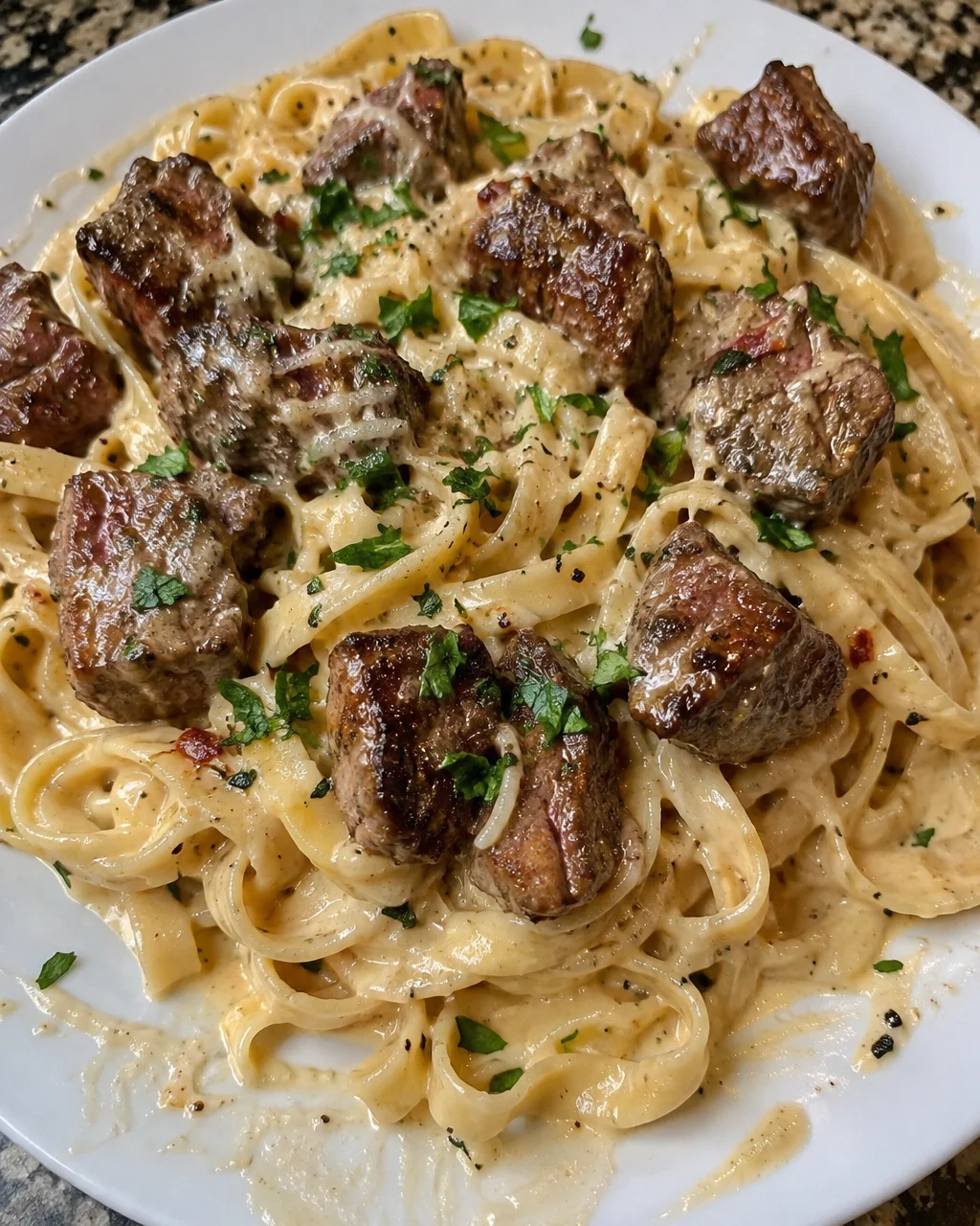 Creamy Parmesan pasta with garlic butter steak bites served in a bowl