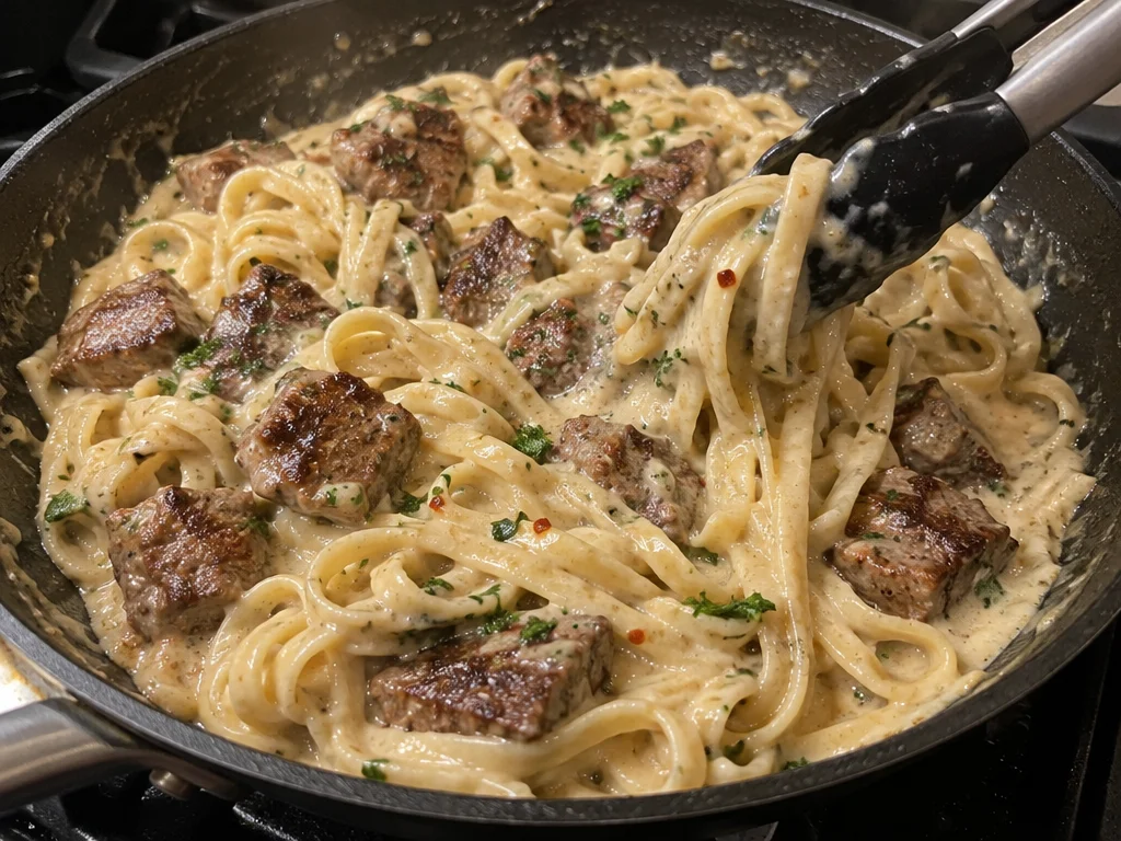 Creamy Parmesan Pasta with Garlic Butter Steak Bites