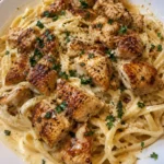 Creamy Parmesan pasta with golden garlic chicken bites on a plate
