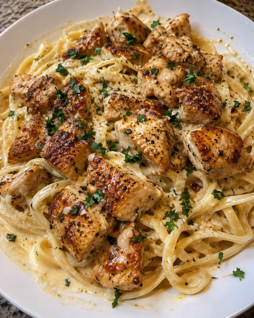 Creamy Parmesan pasta with golden garlic chicken bites on a plate
