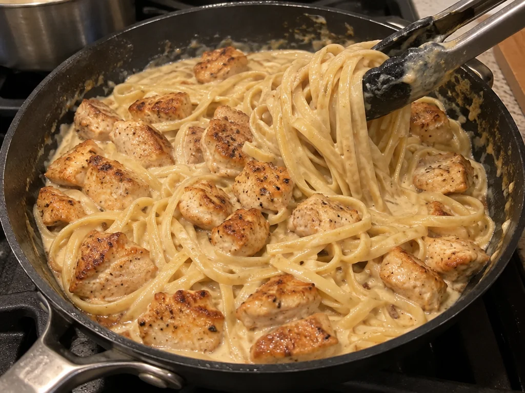 Creamy Parmesan Pasta with Golden Garlic Chicken Bites