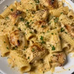 Creamy Parmesan Rigatoni Pasta with Chicken served in a bowl