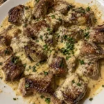Creamy Parmesan sauce with garlic butter steak bites ready to serve.