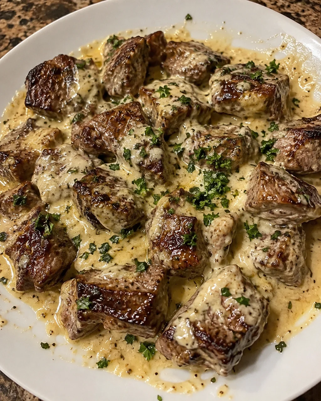 Creamy Parmesan sauce with garlic butter steak bites ready to serve.