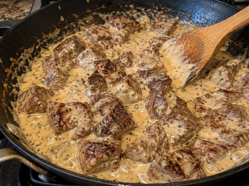 Creamy Parmesan Sauce with Garlic Butter Steak Bites
