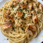 Creamy Parmesan spaghetti topped with lemon butter chicken bites