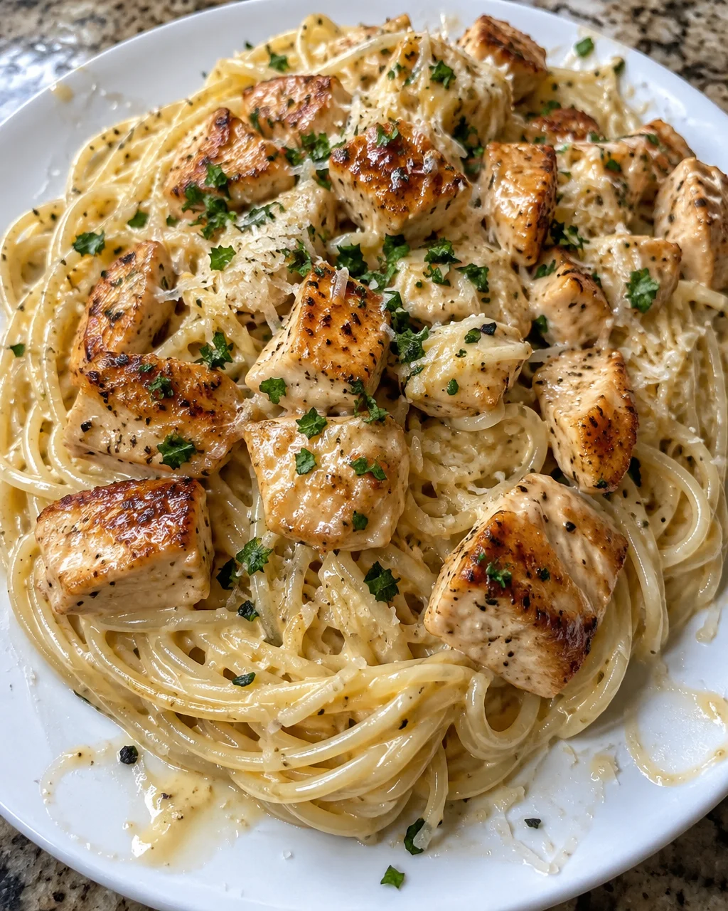 Creamy Parmesan Spaghetti with Lemon Butter Chicken Bites