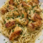 Creamy Parmesan spaghetti with lemon garlic chicken bites on a plate