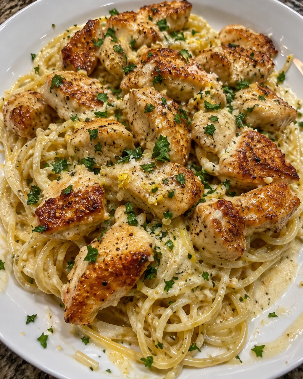 Creamy Parmesan spaghetti with lemon garlic chicken bites on a plate