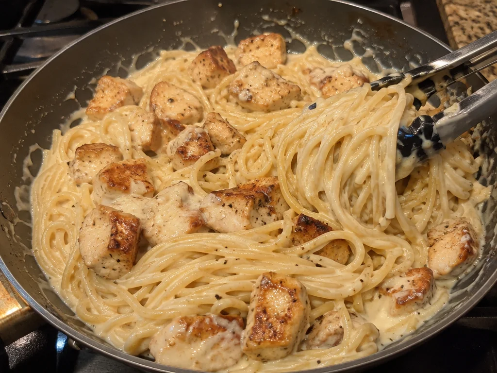 Creamy Parmesan Spaghetti with Lemon Garlic Chicken Bites