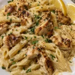 Creamy Penne Parmesan Pasta served with lemon garlic chicken bites