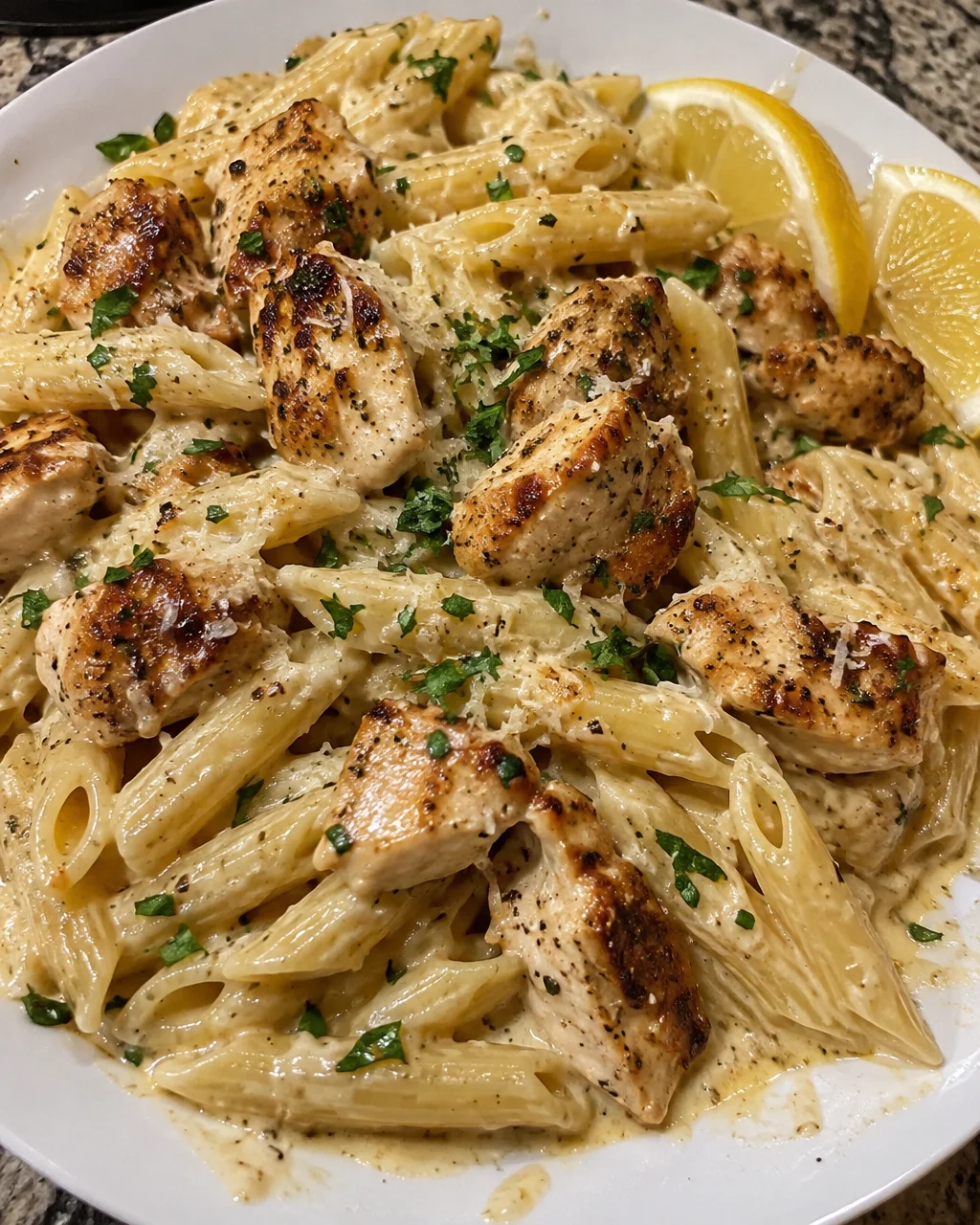 Creamy Penne Parmesan Pasta with Lemon Garlic Chicken Bites
