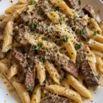 Creamy penne pasta with garlic parmesan steak served on a plate